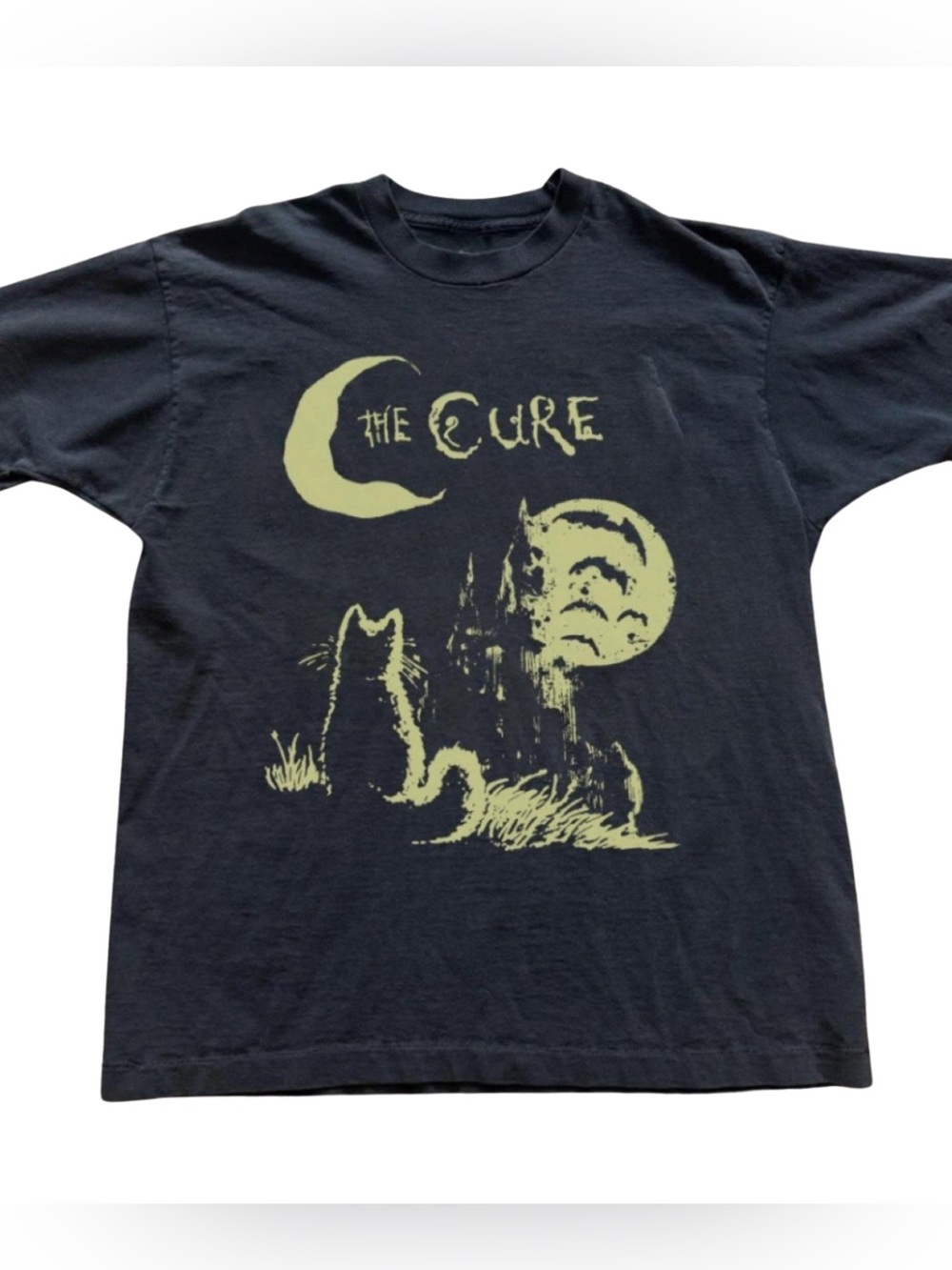 Gildan Black The Cure Band Tee with Pale Yellow Moon & Cat Graphic